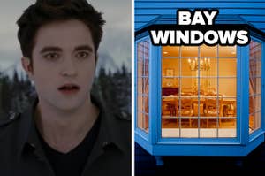 Edward Cullen is on the left with a house on the right labeled, "bay windows"