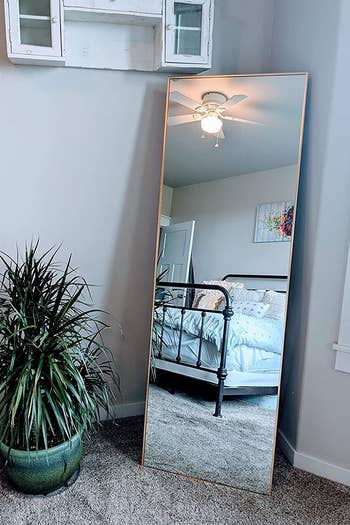 reviewer photo of the full-length mirror with a golden frame