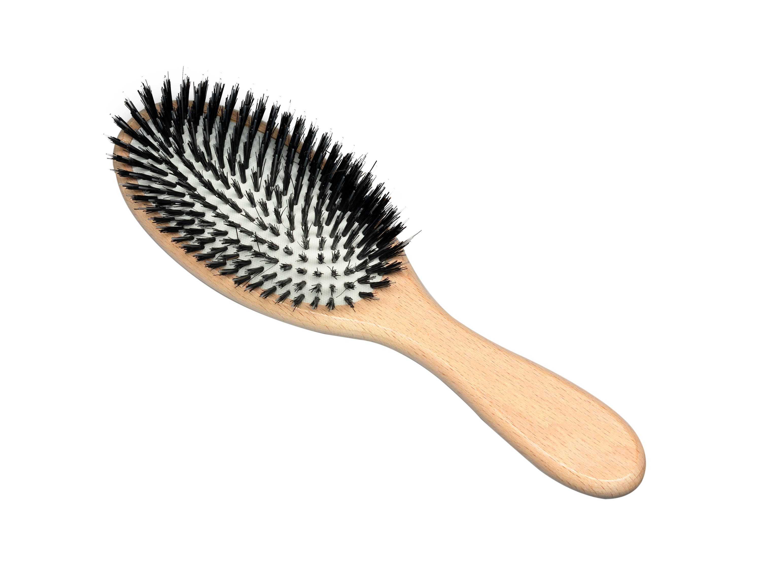 A bristle brush with a wooden handle against a white background