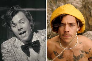 Harry Styles is on the left performing while posing in a hat on the right