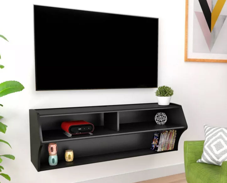 An all black wall-mounted TV stand with storage space - 3 cubbies, 2 medium sized and 1 full wide cubbie. Simple and affordable.
