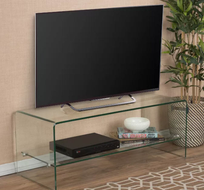 An open shelf all glass TV stand with 2 shelves for storage and to hold your TV. Sturdy and easy to assemble with tempered glass construction.