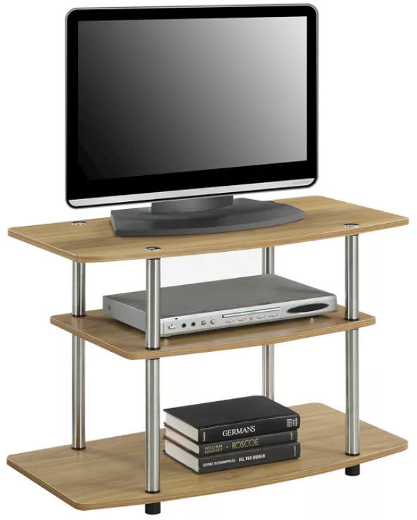 A light brown TV stand/media console with silver metal pillars. 3 open shelves and compact, can hold up to a 32 in. wide