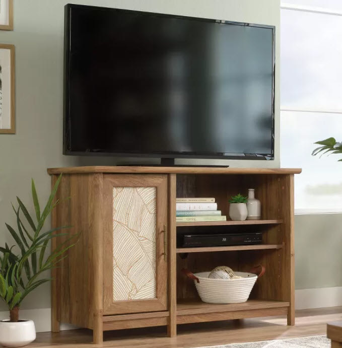 A light brown wooden TV stand with a unique door storage design and open 3 shelves.