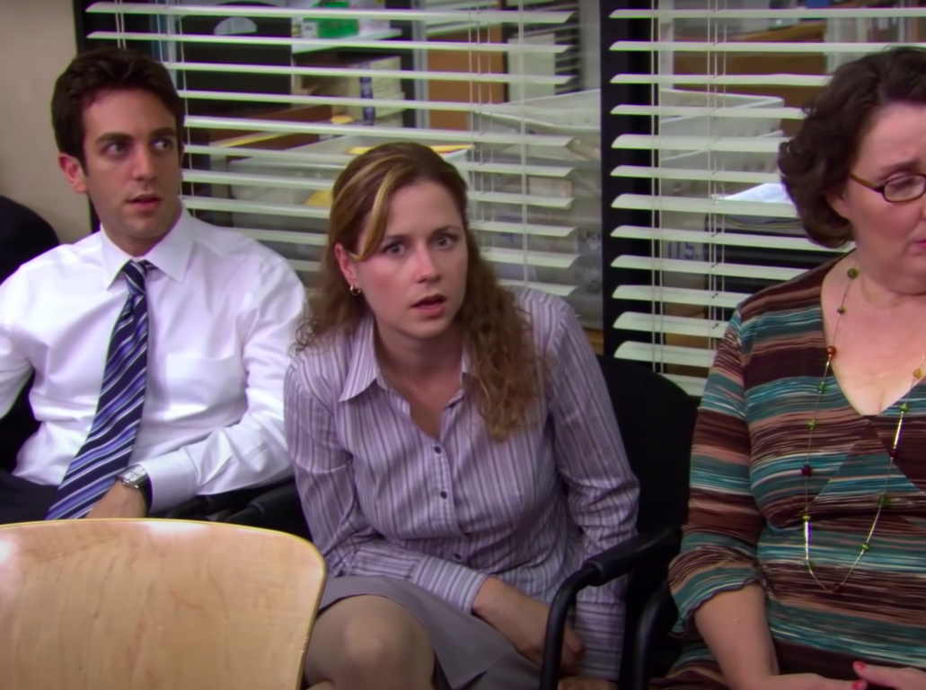 Pam from The Office looking at the camera in shock
