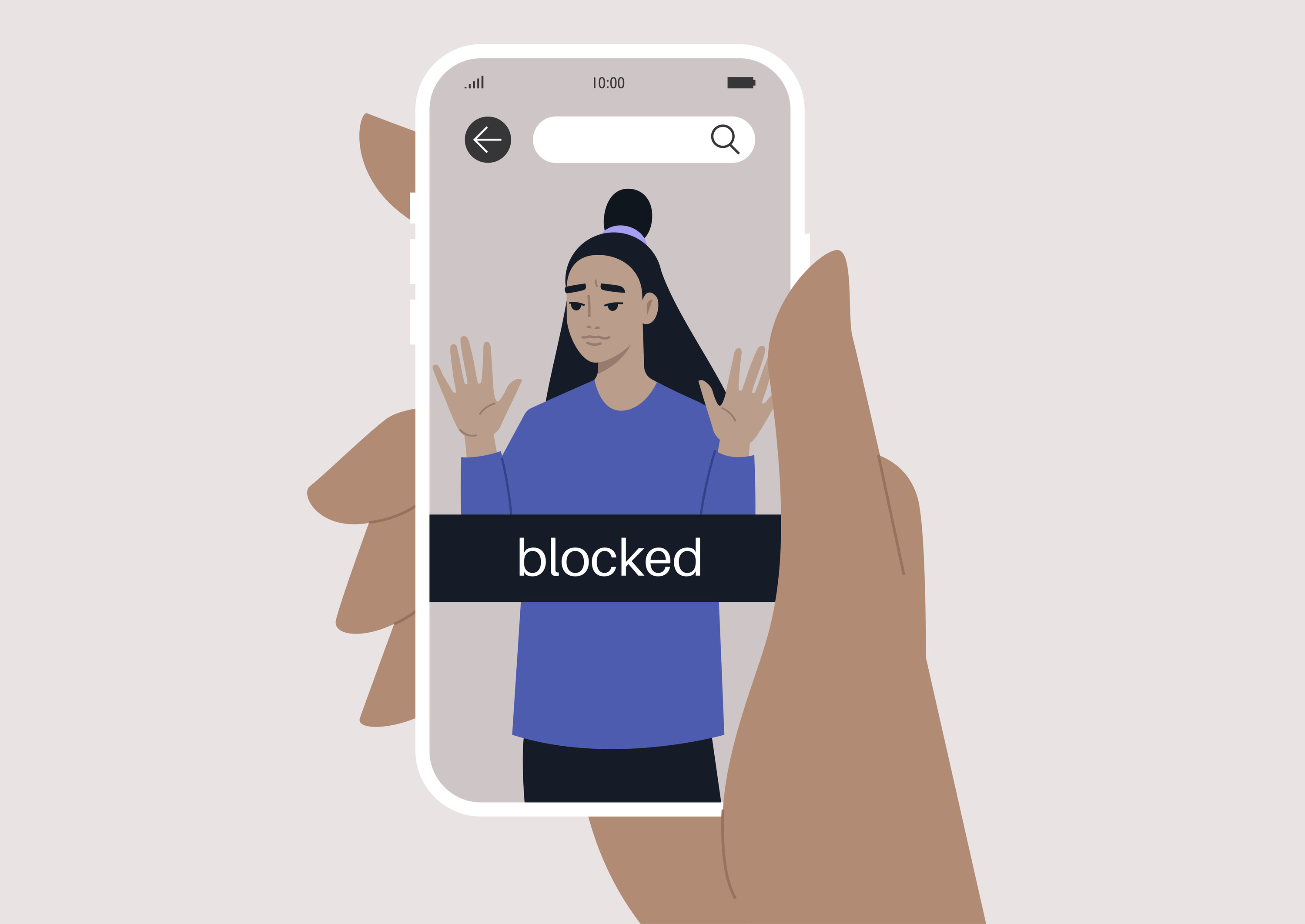 Hand holding a phone that says blocked