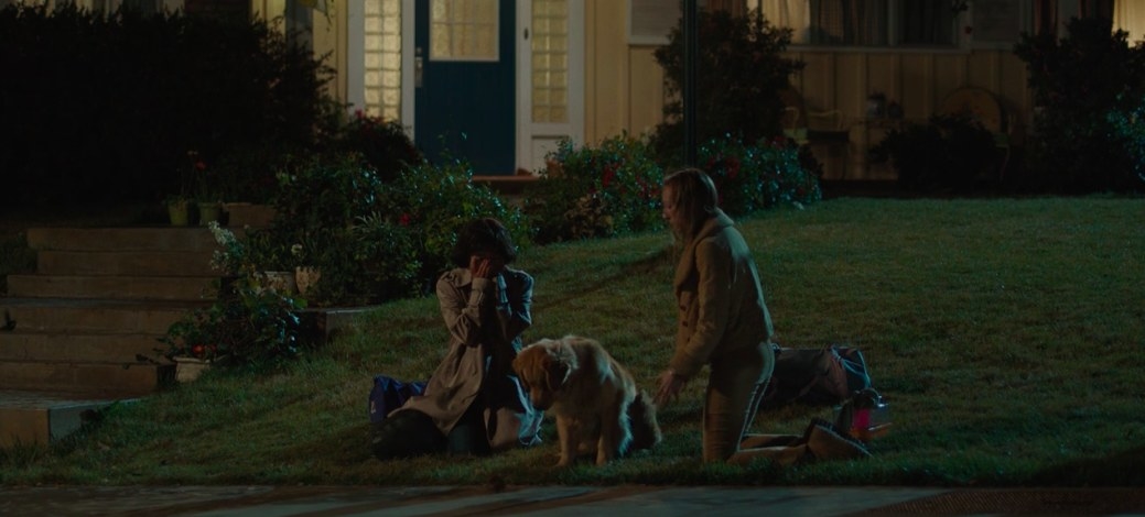Anna and Maya sit over a dog in a yard, Maya screams into her hands