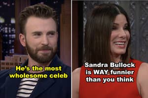 Side-by-side of Chris Evans and Sandra Bullock
