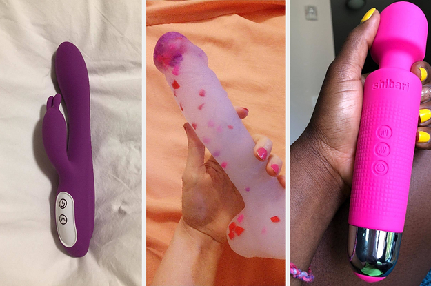 Purple rabbit vibrator, reviewer holding transparent confetti dildo and reviewer holding pink wand vibrator
