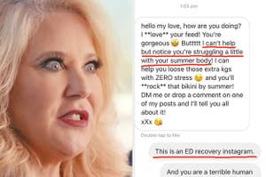 deanne brady in lularich and a screenshot of an MLM'er contacting someone about weight loss products