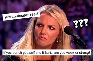 britney spears looking confused with the question if you punch yourself and it hurts, are you weak or strong