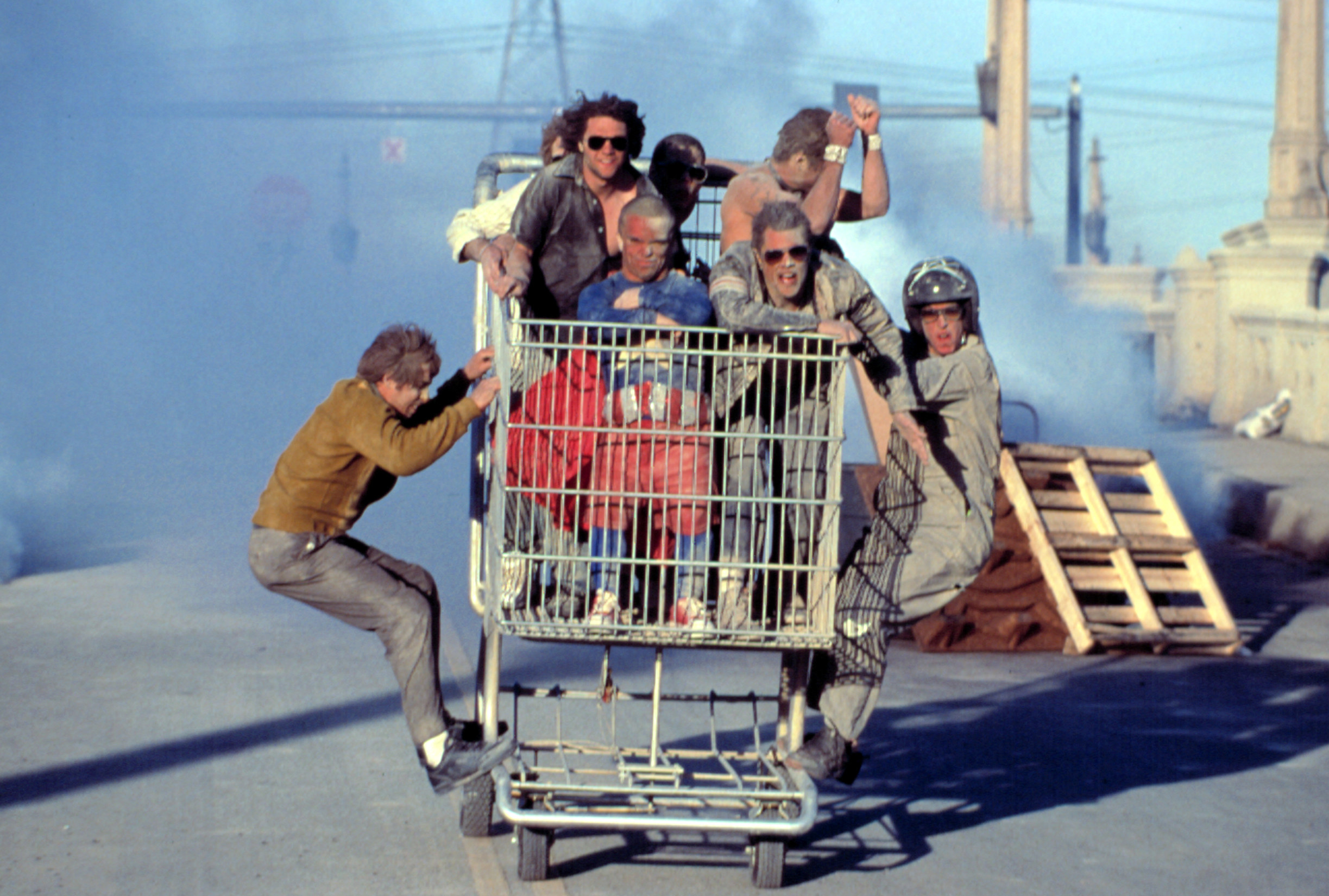 The cast of Jackass in a giant shopping cart