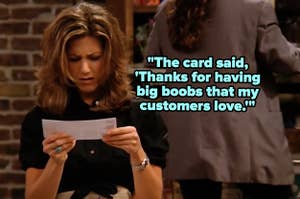 upset waitress reading a paper, next to the text, "The card said, 'Thanks for having big boobs that my customers love'"