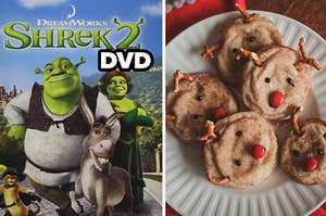 The cover for the movie "Shrek 2" DVD and cookies shaped like Santa's reindeers