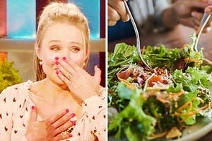 Kristen Bell smiles with one hand over her mouth and two tongs are used to make a salad