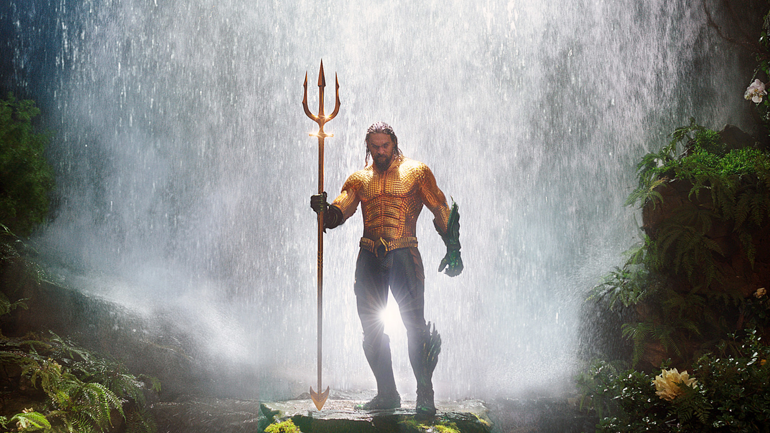 Aquaman holding a trident in front of a waterfall