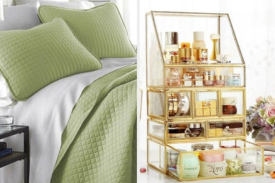 A green bedspread and a gold vanity 