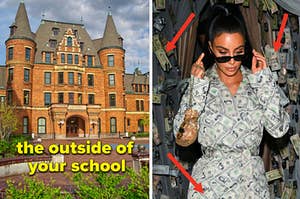A private school is on the left labeled, "the outside of your school" with Kim Kardashian on the right wearing money