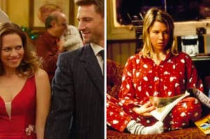 side-by-side still images of Snowed Inn Christmas and Bridget Jones's Diary