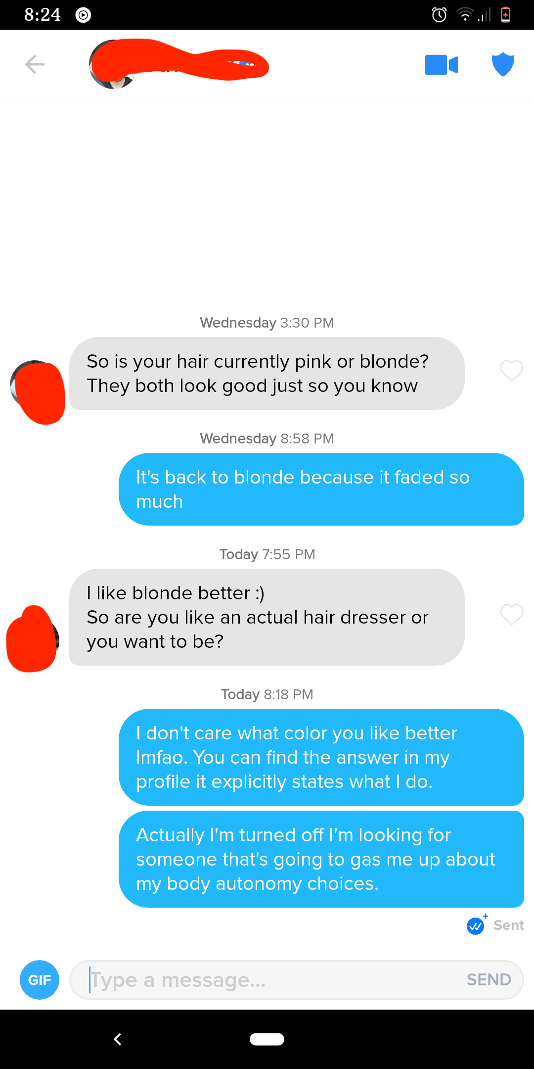 messages from a guy asking if the girl&#x27;s hair is currently pink or blonde and her answering blonde, and him saying he likes blonde better
