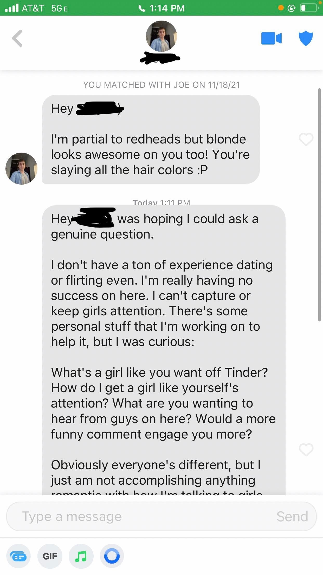 text opener complimenting person&#x27;s hair color, then a long message asking for what girls want off of tinder