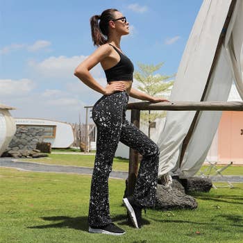 model wearing the black and white patterned pants