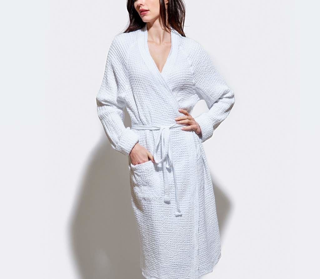 model wearing honeycomb bathrobe
