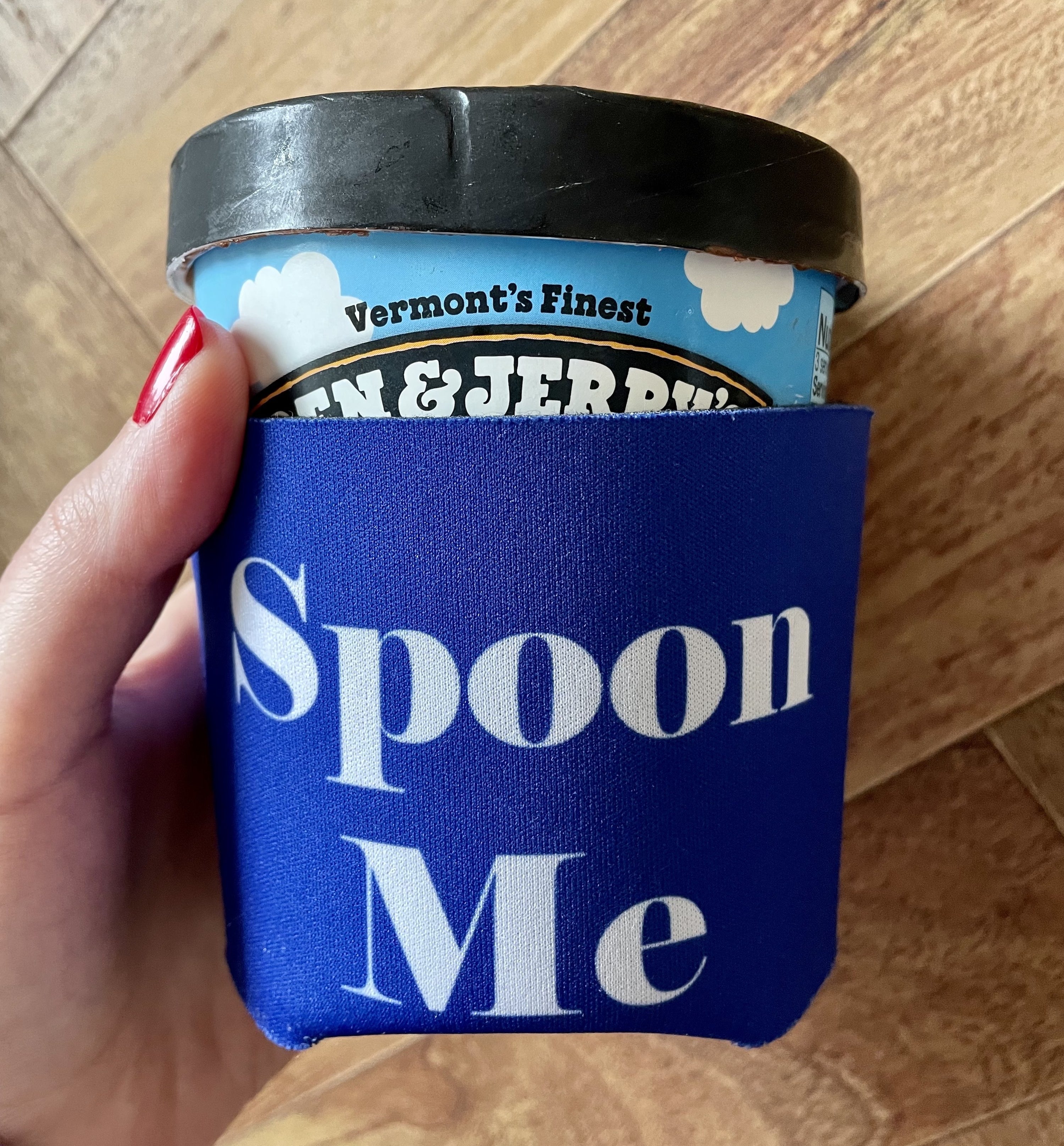 blue cozy that says &quot;spoon me&quot; around a pint of ben &amp;amp; jerry&#x27;s