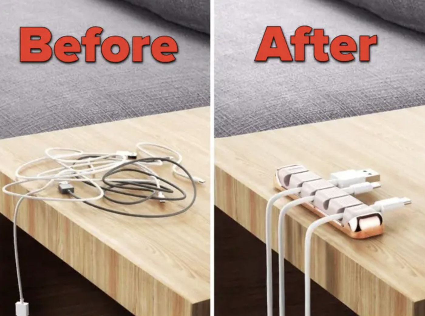 A before and after of tangled charging cords messy and then organized in the cord clip