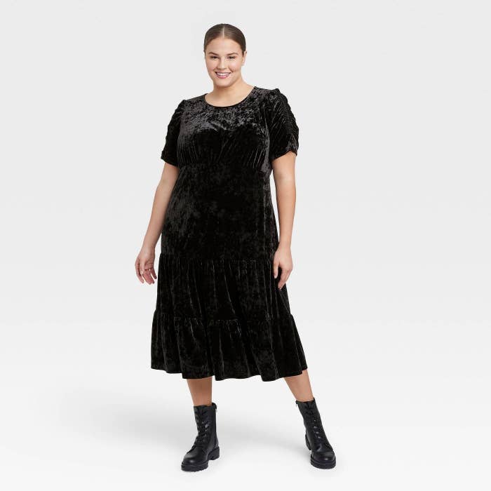black velvet midi dress with short sleeves