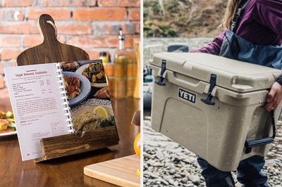 to the left: a cook book stand, to the right: a yeti cooler