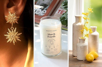 star earrings, birthdate candle, and three vases