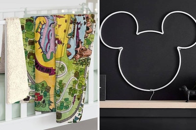 to the left: a vintage map blanket, to the right: a neon sign shaped like mickey