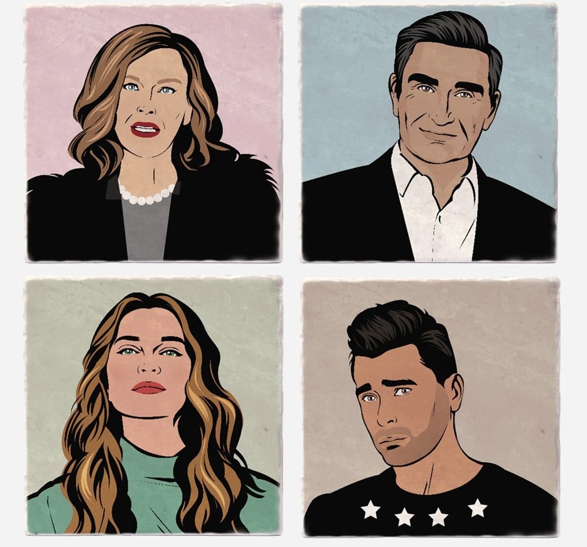 four coasters featuring paintings of Moira, David, Alexis, and Johnny