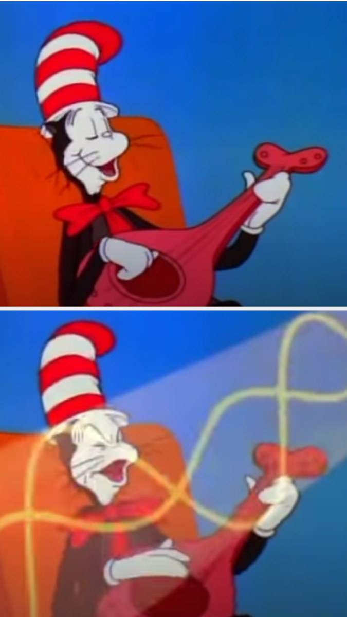 The cat singing with his guitar and then getting disoriented because of the sound