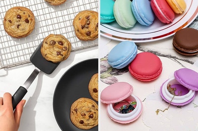 Hand using a spatula to remove cookies from a cooling rack / colorful macaron storage cases filled with jewelry