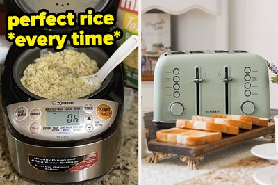 A split thumbnail of a rice cooker and a toaster