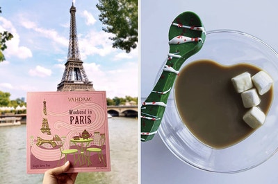 left image: paris inspired tea set, right image: heart-shaped mugs