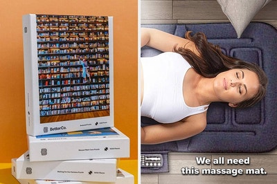to the left: a book puzzle, to the right: a model on a massage mat