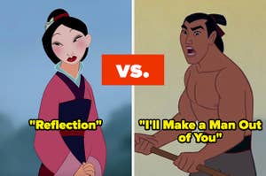On the left, Mulan singing Reflection, and on the right, Li Shang from Mulan singing I'll Make a Man Out of You with versus typed in the middle