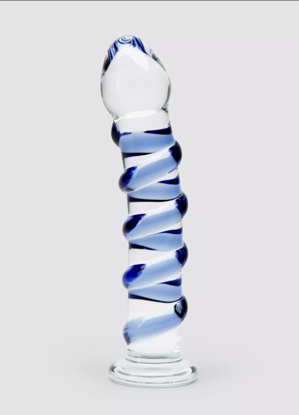 The glass dildo with blue twist ribbing wrapped up the shaft