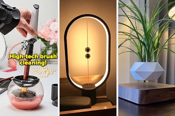 L: a model dipping a spinning makeup brush into a bowl of solution and text reading "high-tech brush cleaning", M: a reviewer photo of a round magnetic lamp, R: a reviewer photo of a white planter levitating over a wooden base 