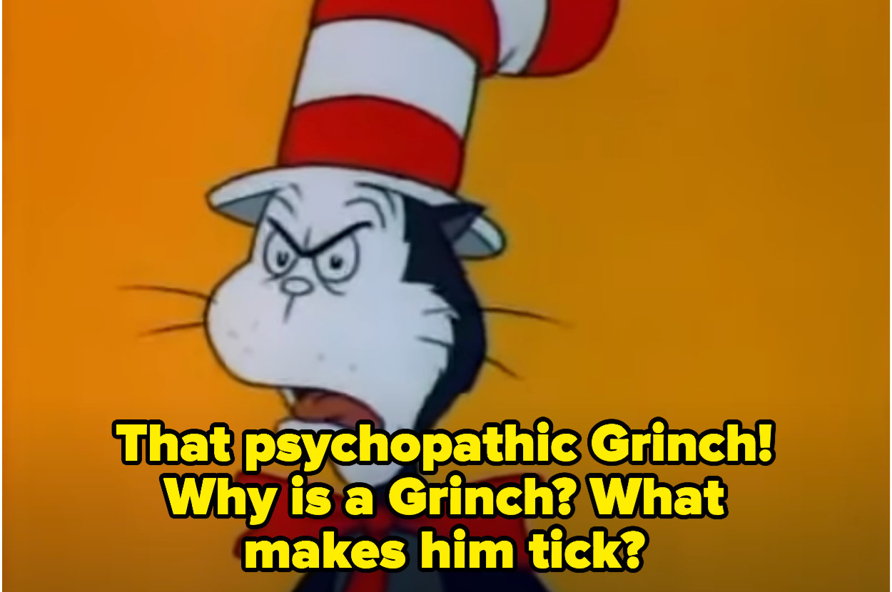 The cat saying, "That psychopathic Grinch! Why is a grinch? What makes him tick?"
