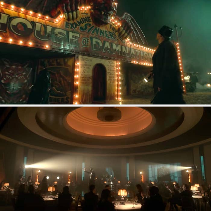 Stan entering a carnival attraction, and Stan performing for a wealthy audience in NY