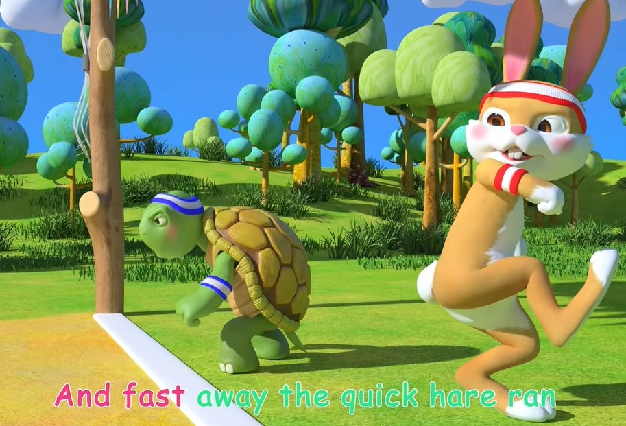 The Tortoise and Hare standing at the starting line ready to race