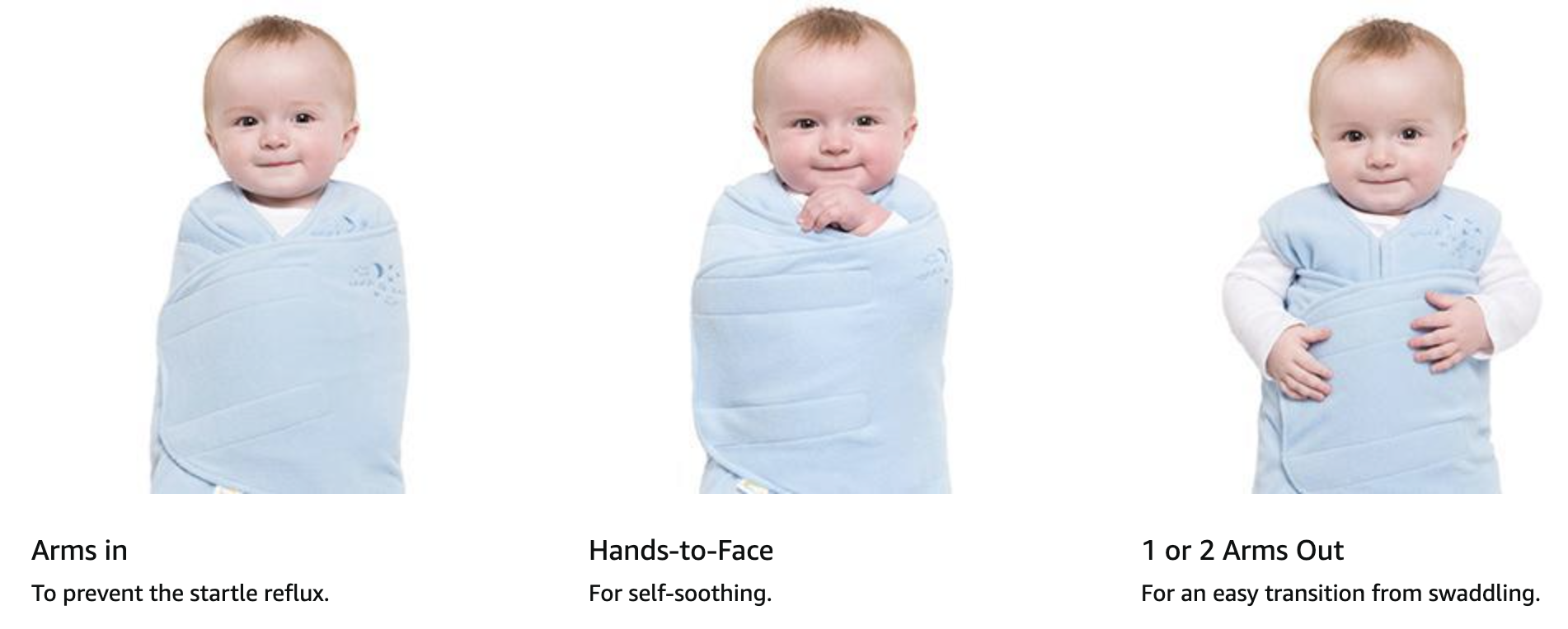 a diagram showing the three ways the Halo Swaddle can be worn by baby