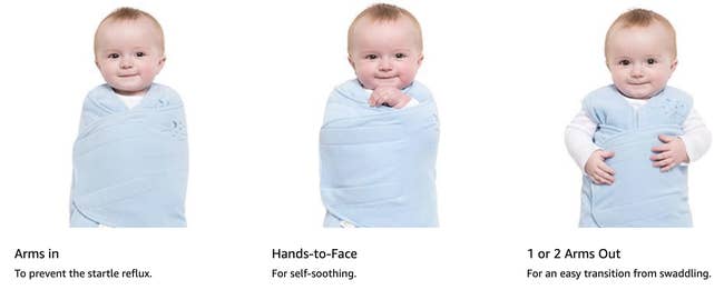 a diagram showing the three ways the Halo Swaddle can be worn by baby