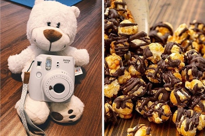 white instax camera and chocolate drizzled popcorn