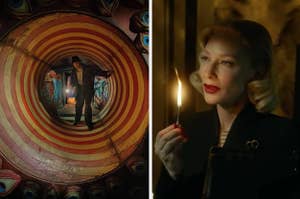 Bradley Cooper as Stan walking through a turning tunnel, and Cate Blanchett as Lilith lighting a cigarette