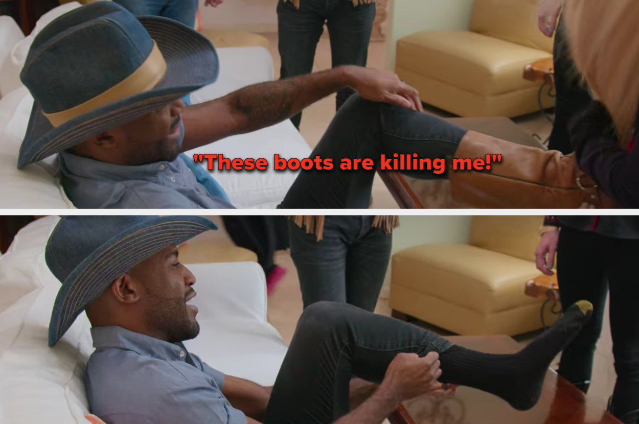 Karamo tries his best to wear heeled cowboy boots, but can&#x27;t stand the discomfort for too long and has to remove them